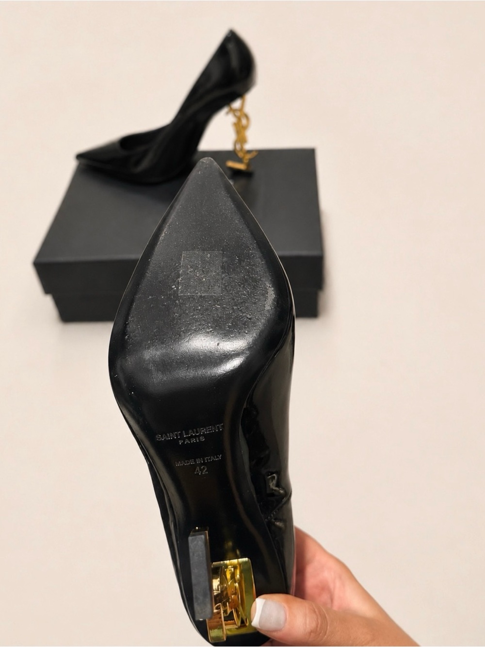 Saint Laurent Opyum 110mm Black Patent Leather Gold YSL Heel Pumps Size 42 - Picture 3 of 9